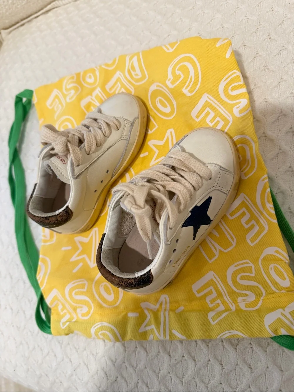 Golden Goose Kids White Leather Sneakers with Navy Star Accent